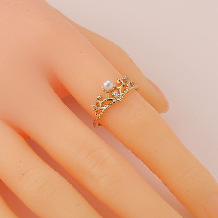 Einfacher Damen-Kronen-Kupfer-Schmuck, süßer offener Perlen-Diamant-Ring