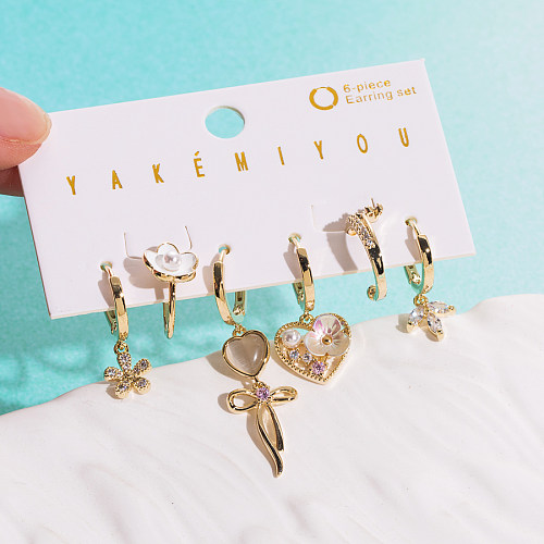 IG Style Sweet Heart Shape Flower Copper Asymmetrical Zircon 14K Gold Plated Earrings