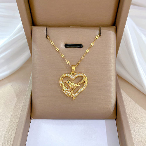 Glam Heart Shape Bird Stainless Steel Copper Inlay Rhinestones Pendant Necklace