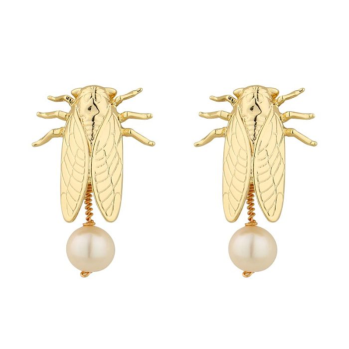 1 Pair Novelty Insect Plating Inlay Copper Freshwater Pearl Gold Plated Drop Earrings