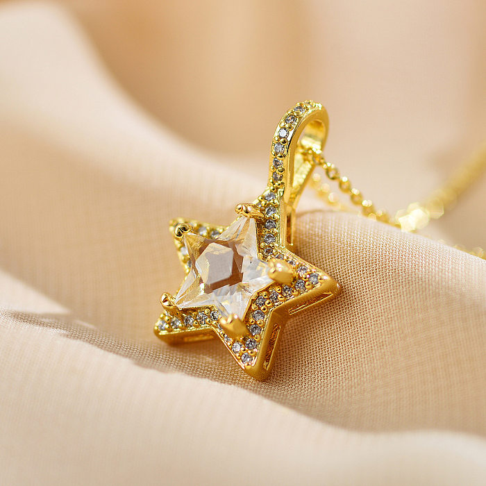 Elegant Shiny Star Copper Plating Inlay Zircon Gold Plated Pendant Necklace