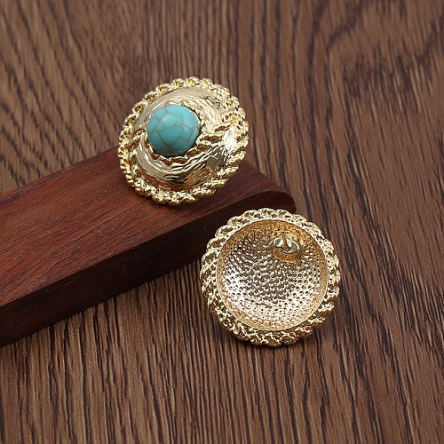 1 Pair Retro Streetwear Round Copper Inlay Turquoise Gold Plated Ear Studs