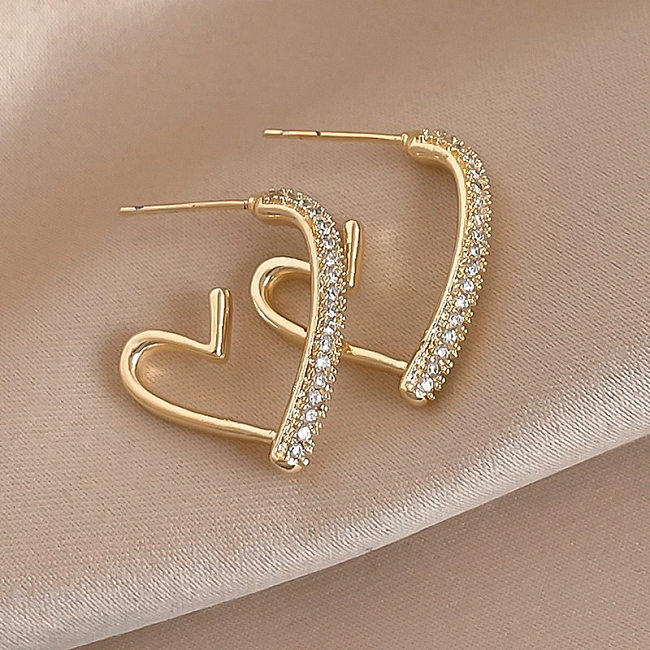 Fashion Heart Shape Copper Hollow Out Zircon Earrings 1 Pair