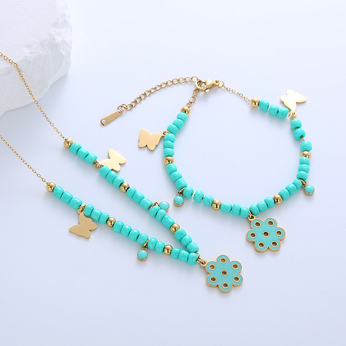 Ethnic Style French Style Four Leaf Clover Devil'S Eye Flower Stainless Steel Turquoise Beaded Handmade Plating 18K Gold Plated Bracelets Necklace