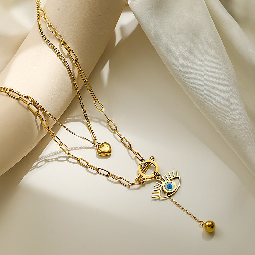 Retro Streetwear Devil'S Eye Heart Shape Copper 18K Gold Plated Layered Necklaces In Bulk