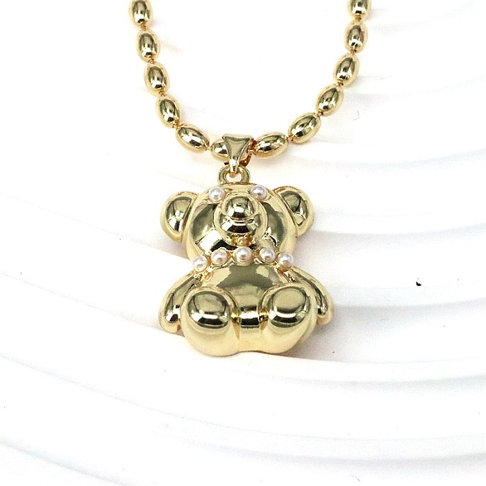 Collier pendentif décontracté hip-hop petit ours en cuivre avec incrustation de perles plaquées or