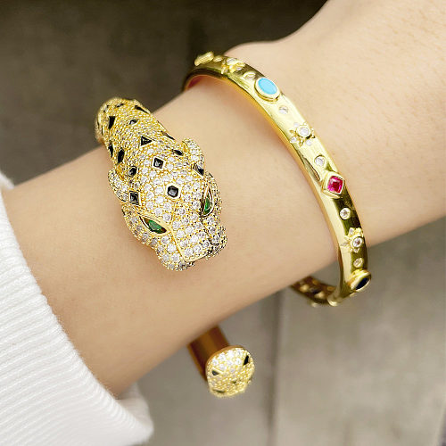 Bracelet tête de léopard exagéré, personnalité incrustée de Zircon de couleur, Bracelet en cuivre