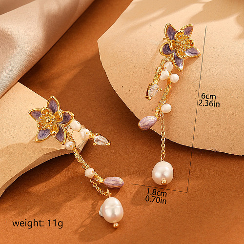Boucles d'oreilles pentagramme de Style britannique, 1 paire, incrustation de fleurs, cuivre, cristal, perles d'eau douce, goutte d'eau