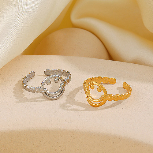Cara sorridente estilo simples Emoji rosto banhado em aço inoxidável anéis abertos banhados a ouro 18K
