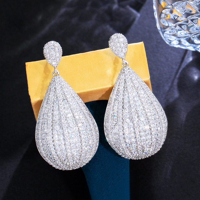 1 Pair Glam Oversized Shiny Water Droplets Hot Air Balloon Plating Inlay Copper Zircon Rhodium Plated Drop Earrings