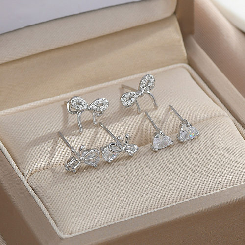 3 Pairs Simple Style Heart Shape Bow Knot Copper Inlaid Zircon Ear Studs