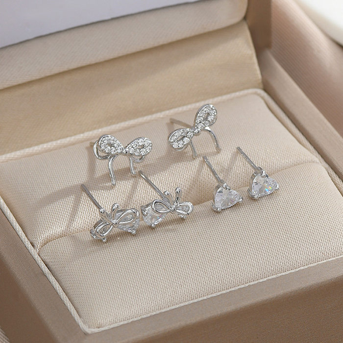 3 Pairs Simple Style Heart Shape Bow Knot Copper Inlaid Zircon Ear Studs