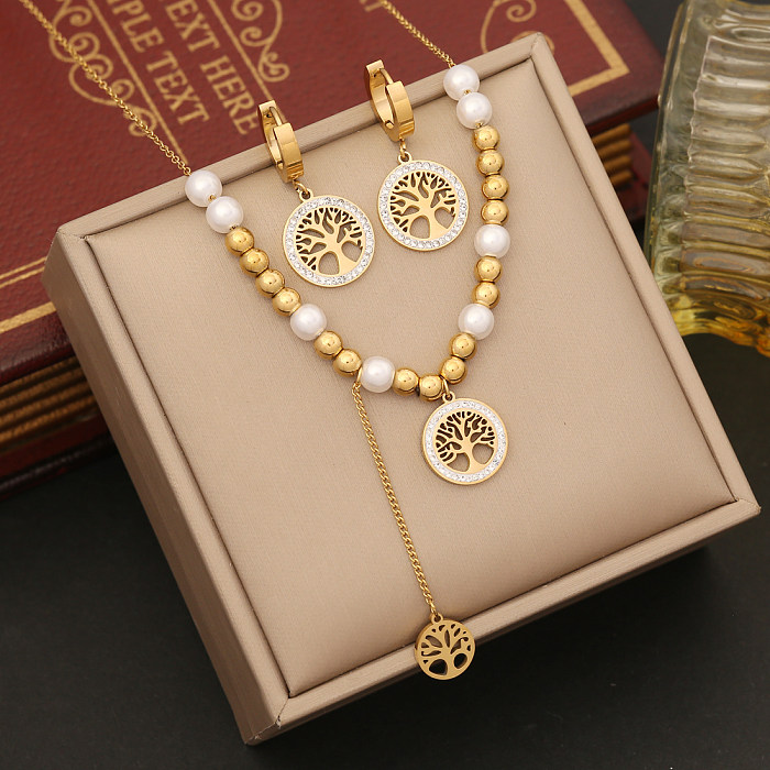 Elegante Retro-Baum-Edelstahl-Imitat-Perlen-Inlay-Zirkon-Armbänder, Ohrringe, Halskette