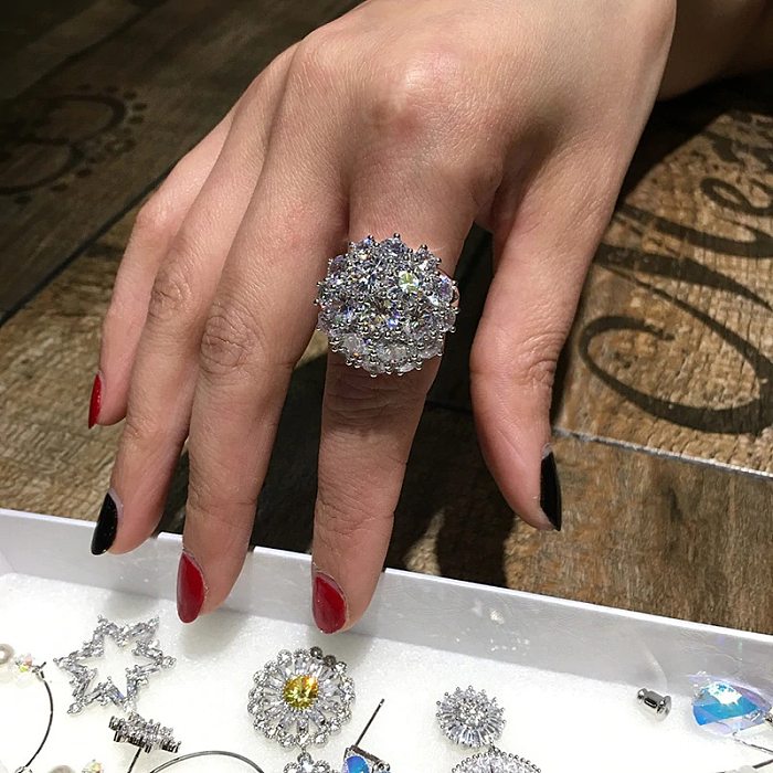 Bague en cuivre avec fleurs exagérées, Style de luxe léger européen et américain, plein de diamants