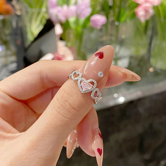Romantic Sweet Heart Shape Copper Plating Hollow Out Inlay Zircon Open Rings