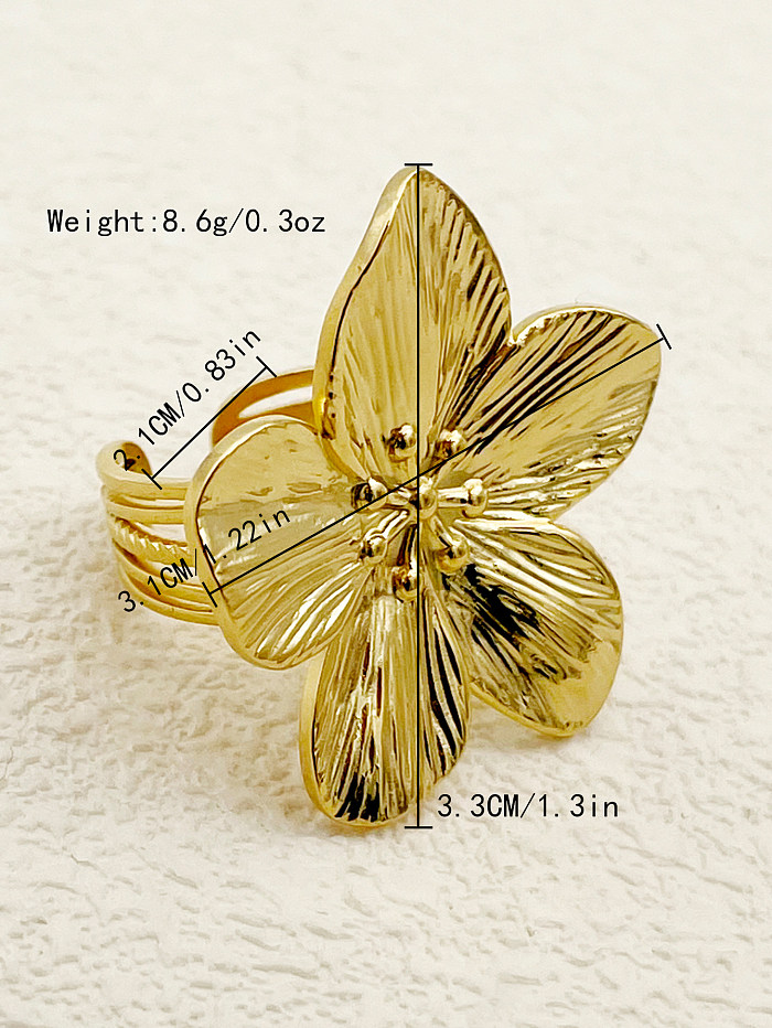 Anel aberto folheado a ouro de aço inoxidável da flor do estilo do vintage no volume