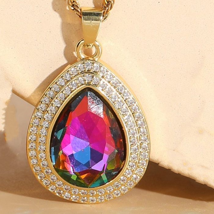 Luxurious Water Droplets Titanium Steel Copper Inlay Zircon 14K Gold Plated Pendant Necklace