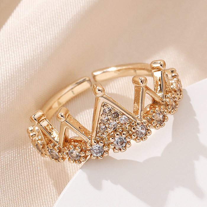 Casual Lady Crown Copper Inlay Zircon Open Rings