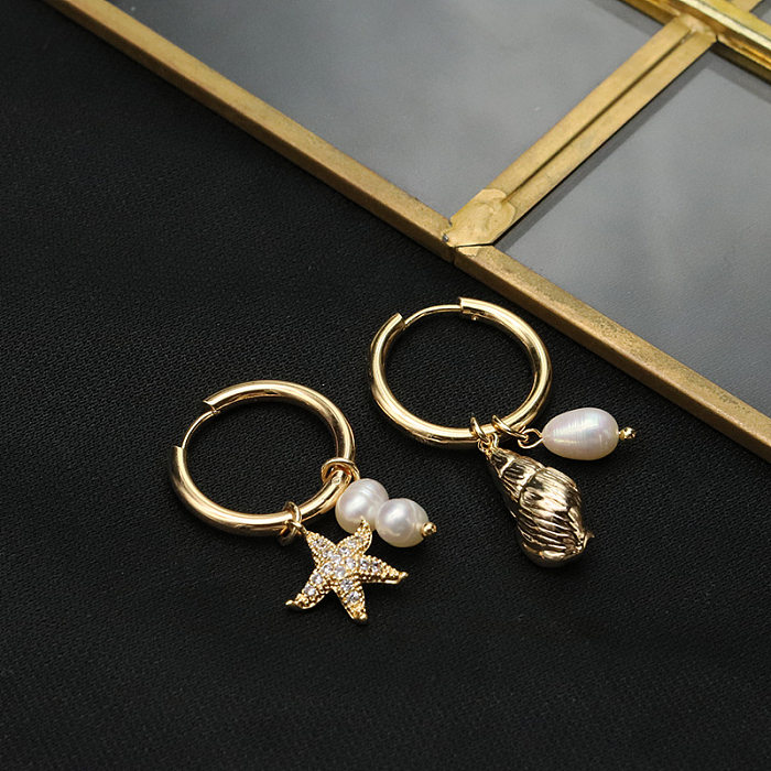 1 Pair Retro Beach Streetwear Starfish Conch Plating Freshwater Pearl Copper 18K Gold Plated Drop Earrings