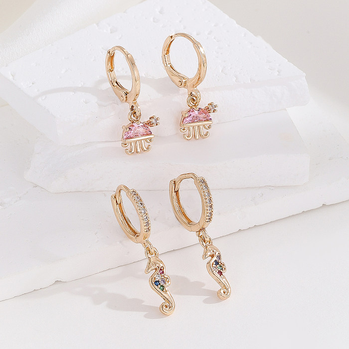 2 Pairs Simple Style Hippocampus Plating Inlay Copper Zircon Gold Plated Drop Earrings