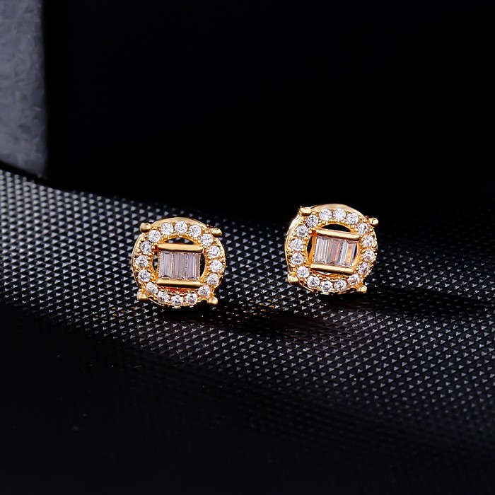 1 Pair Simple Style Round Rectangle Plating Inlay Copper Zircon Ear Studs