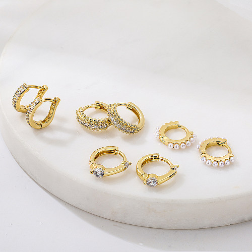 Simple Style Copper Plating 18K Gold Zircon Pearl Earrings