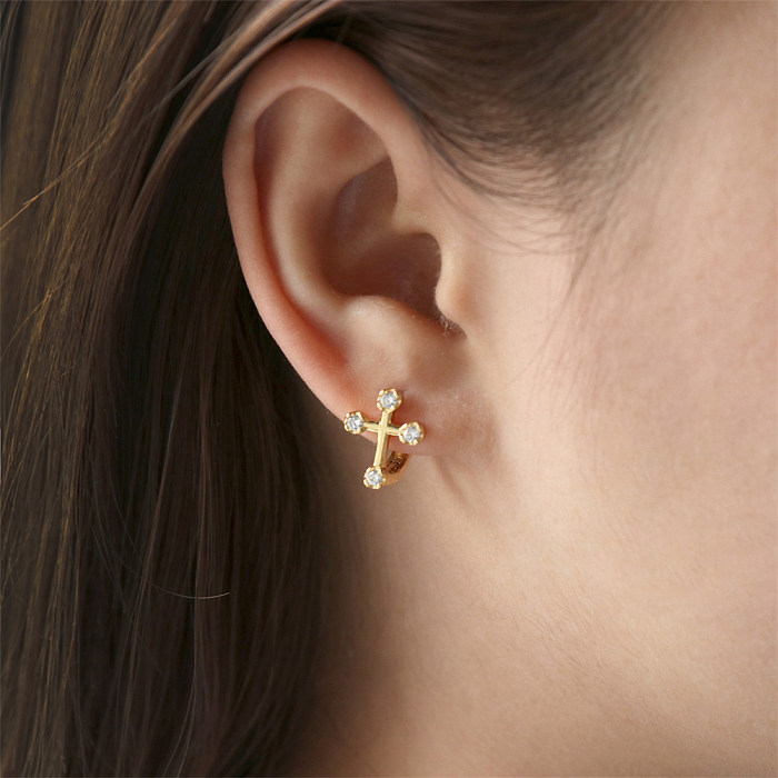 Fashion Cross Copper Hoop Earrings Gold Plated Zircon Copper Earrings