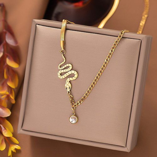 Elegant Retro Snake Titanium Steel Plating Inlay Zircon 18K Gold Plated Bracelets Necklace