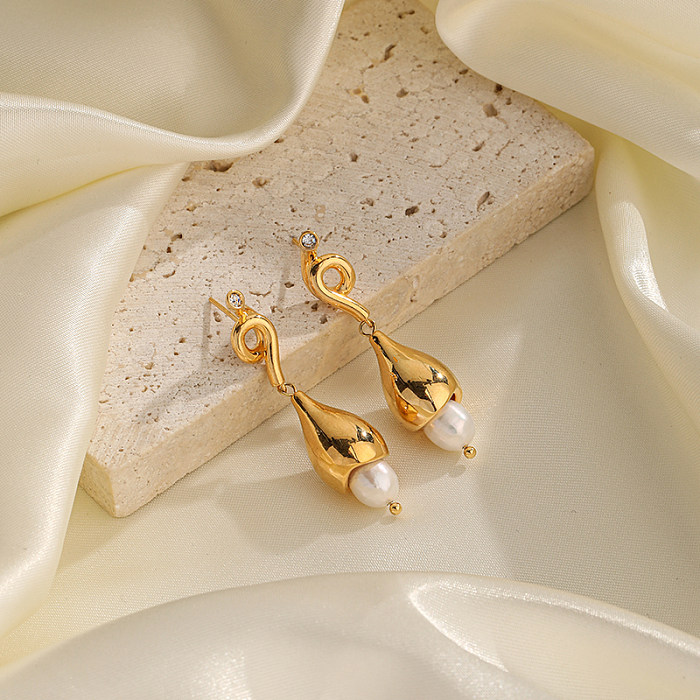 1 Pair Elegant Simple Style Commute Flower Plating Inlay Copper Shell Pearls Zircon 18K Gold Plated Drop Earrings