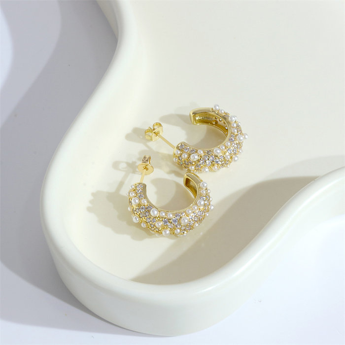 1 Pair Elegant C Shape Plastic Copper Plating Inlay Zircon Gold Plated Drop Earrings