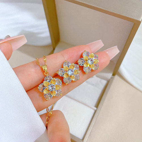 Luxurious Flower Titanium Steel Copper Inlay Zircon Earrings Necklace