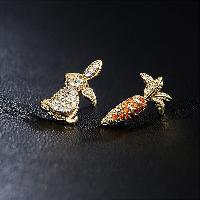 Sweet Cute Rabbit Carrot Shape Copper Plated 18K Gold Zircon Earrings Stud