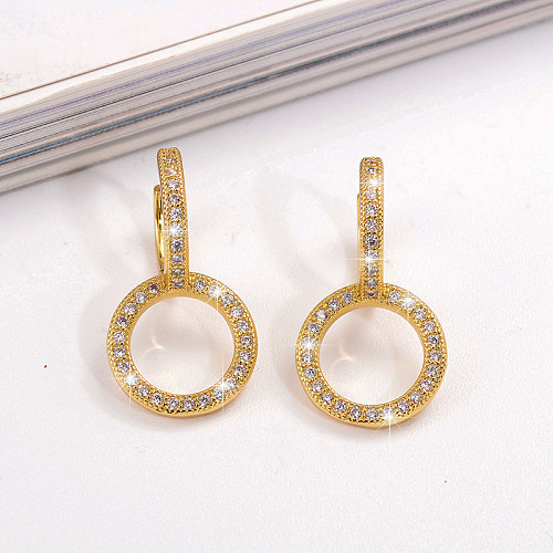 1 Pair IG Style Simple Style Double Ring Round Plating Hollow Out Inlay Copper Zircon 18K Gold Plated Drop Earrings