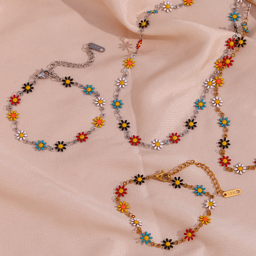 Einfache, klassische Blumen-Armband-Halskette aus Edelstahl mit Emaille-Beschichtung und 18-karätigem Gold