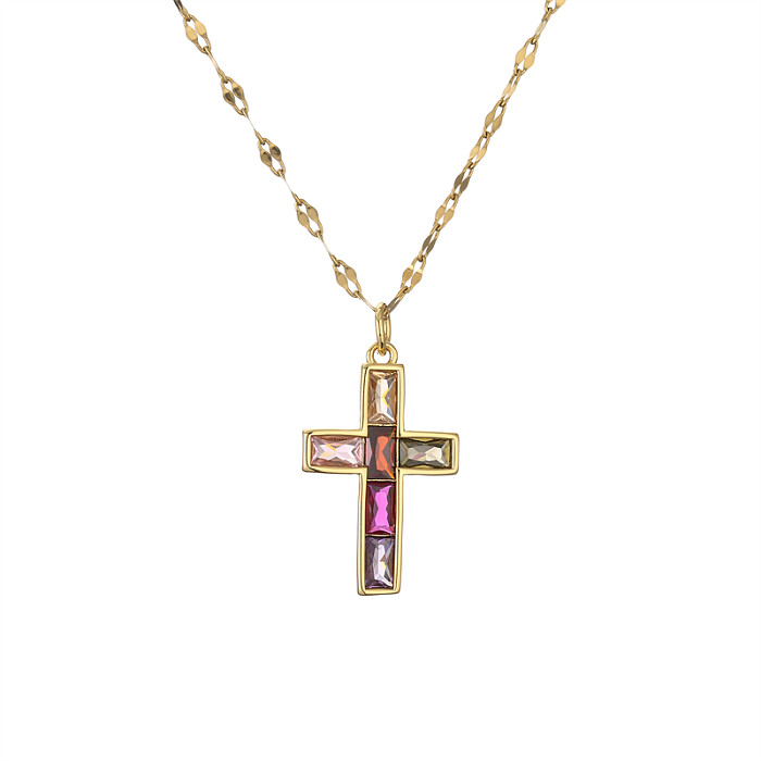 Fashion Cross Copper Plating Inlay Zircon Gold Plated Pendant Necklace