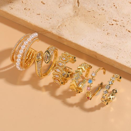 Elegant Classic Style Geometric Copper Asymmetrical Plating Inlay Zircon 14K Gold Plated Open Rings Rings