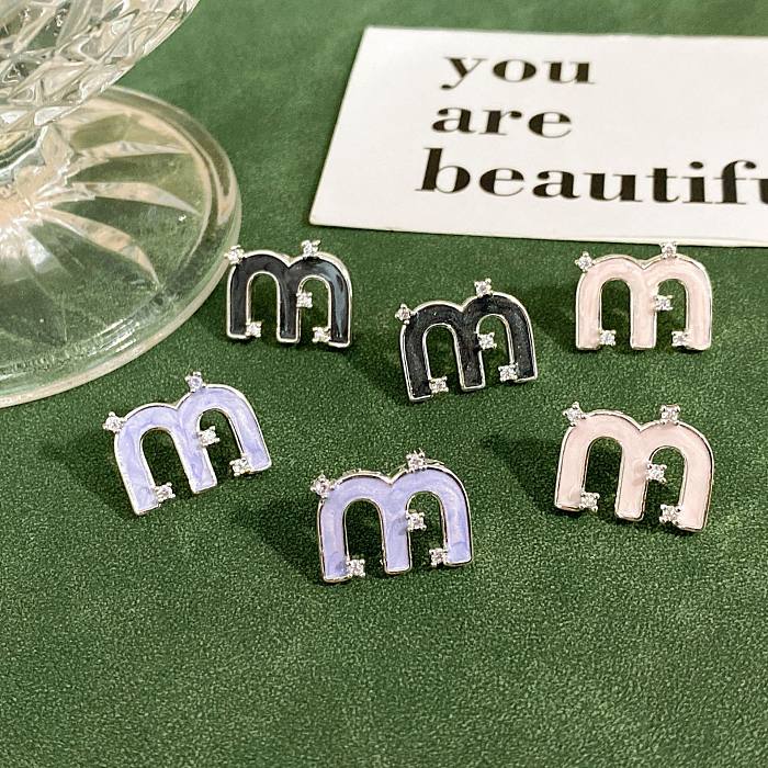 1 Pair Casual Simple Style Letter Drip Glazed Plating Inlay Copper Zircon Ear Studs