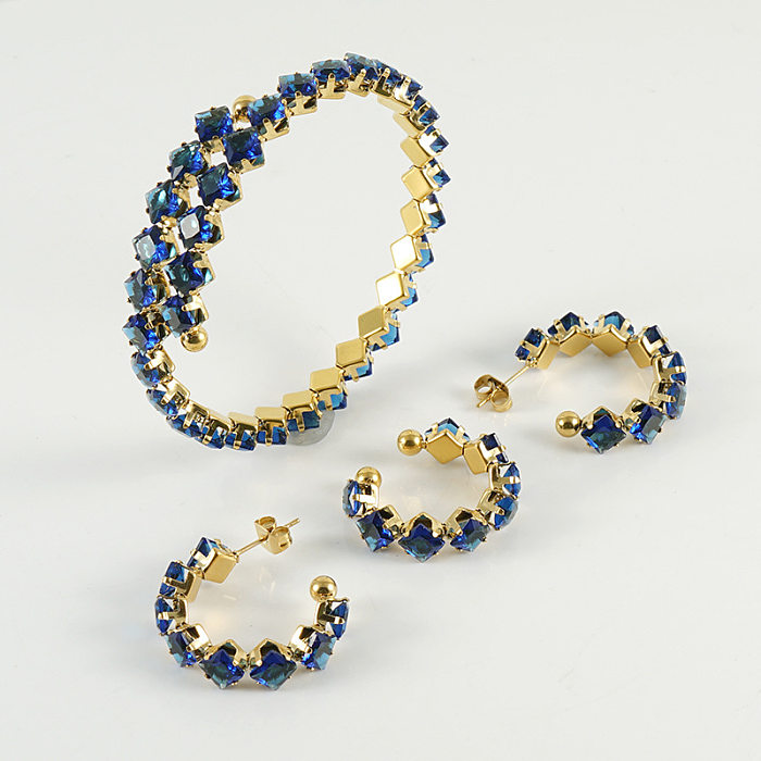 Fashion Square Titanium Steel Plating Inlay Rhinestones Rings Bracelets Earrings 1 Set