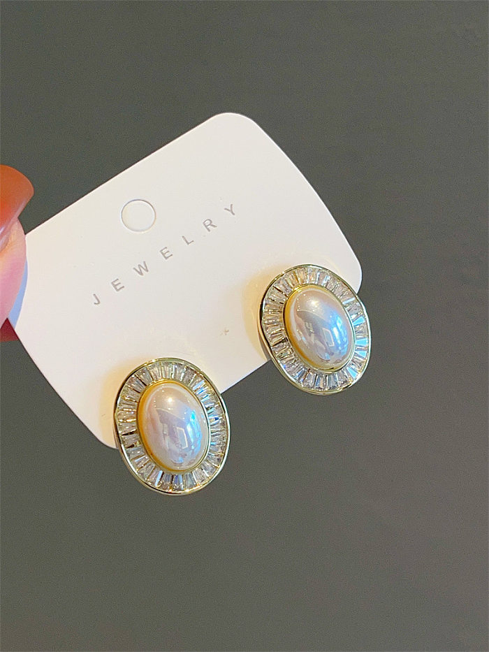 1 Pair Vintage Style Oval Plating Inlay Copper Pearl Zircon Ear Studs