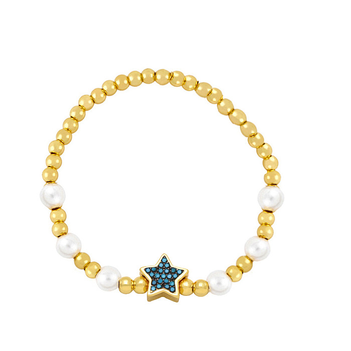1 pieza de pulseras de mujer de circón con cuentas de cobre y perlas artificiales de pentagrama a la moda