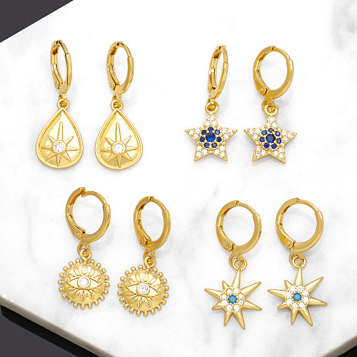 Boucles d'oreilles en forme d'étoile de soleil, 1 paire, Design Original, Streetwear, incrustation de cuivre et de Zircon plaqué or 18 carats