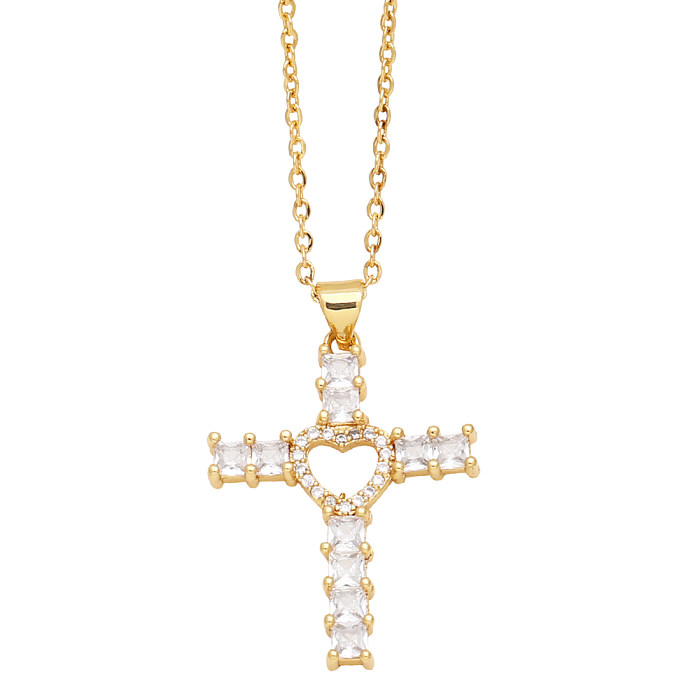 Elegante streetwear cruz coração forma cobre 18k banhado a ouro zircão pingente colar a granel