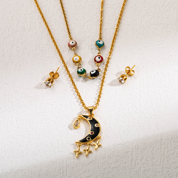Wholesale INS Style Devil'S Eye Moon Heart Shape Stainless Steel Gold Plated Zircon Earrings Necklace