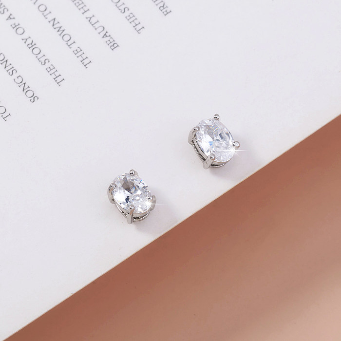 1 Pair Fashion Oval Inlay Copper Zircon Silver Plated Ear Studs