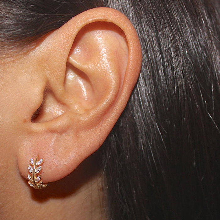 Fashion Leaf Copper Hoop Earrings Plating Rhinestones Copper Earrings