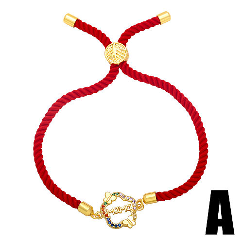 Bracelet en cuivre plaqué or 18 carats avec Zircon incrusté de fleurs en forme de cœur de maman, corde rouge