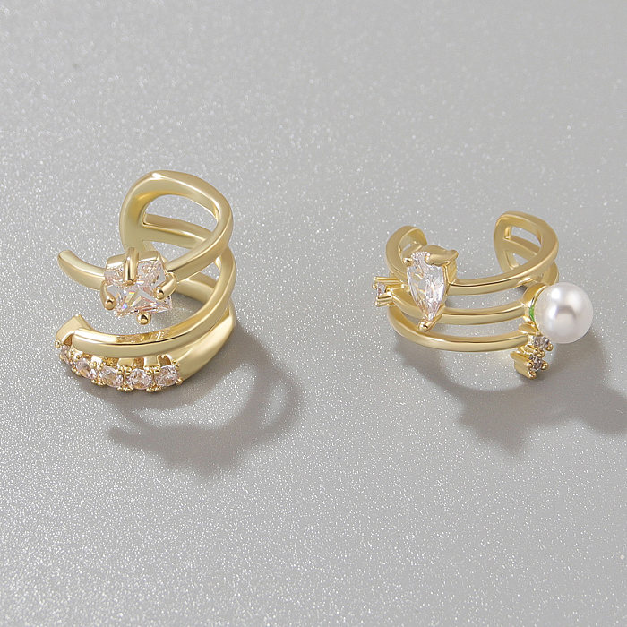 Modische Ohrclips in C-Form mit Kupferbeschichtung, Inlay, Perle und Zirkon, 1 Stück