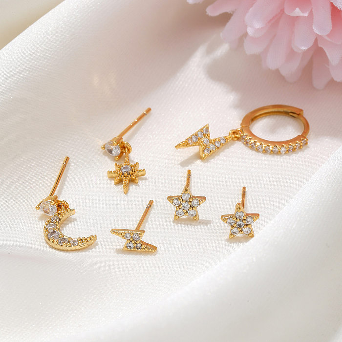 6 Pieces Fashion Star Moon Lightning Copper Plating Zircon Earrings