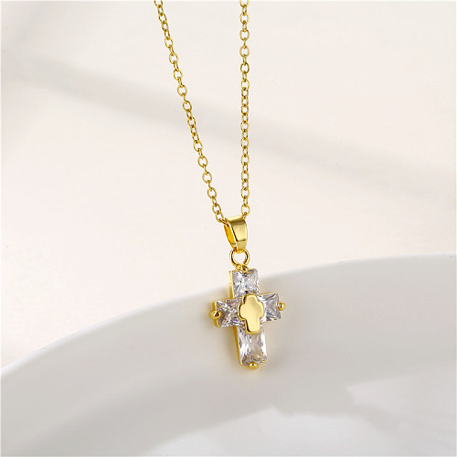1 Piece Fashion Cross Stainless Steel Brass Plating Inlay Zircon Pendant Necklace