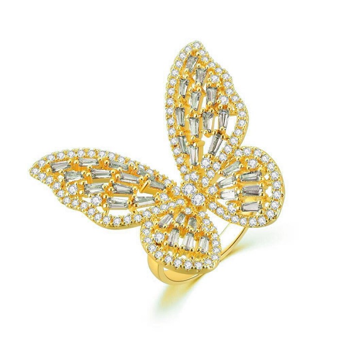 Glamouröser, schlichter, offener Ring mit Schmetterlings-Kupfereinlage und Zirkon